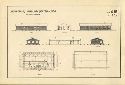 <p><strong>4.</strong> Ahşaptan üç sınıflı köy mektebi projesi  projesi <br /> 	Kaynak: İlkmektep Planları Albümü,  Maarif Vekaleti İlk Tedrisat Dairesi, 1933</p>